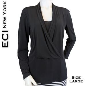 ECI New York Blouse Top Large Black Draped Front Long Sleeve Stretch Career